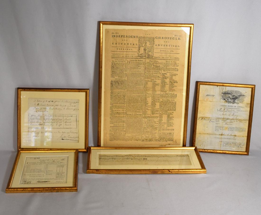 FIVE ASSEMBLED HISTORICAL FRAMED DOCUMENTS:: Consisting of 1) Army notes exchange Printed Treasury Office Document. 6 inches x 6 ½ inches. Jan. 20, 1790. The document reads, in part: "I certify that Danial Booth has lodged in this Office the fo