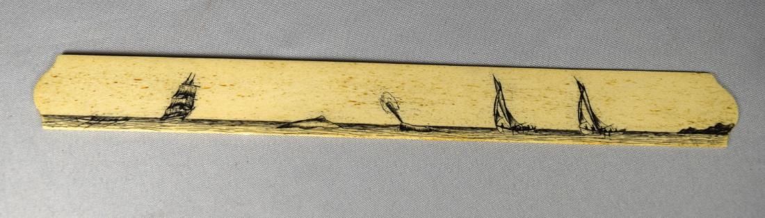 SCRIMSHAW WHALE BONE PAGE TURNER:: Delicate thin piece with carved ends. Scrimshaw whale hunt scene with tall whaling ship with dory with several figures, two whales and two additional sail boats. Measures 12 ¼ inches long.