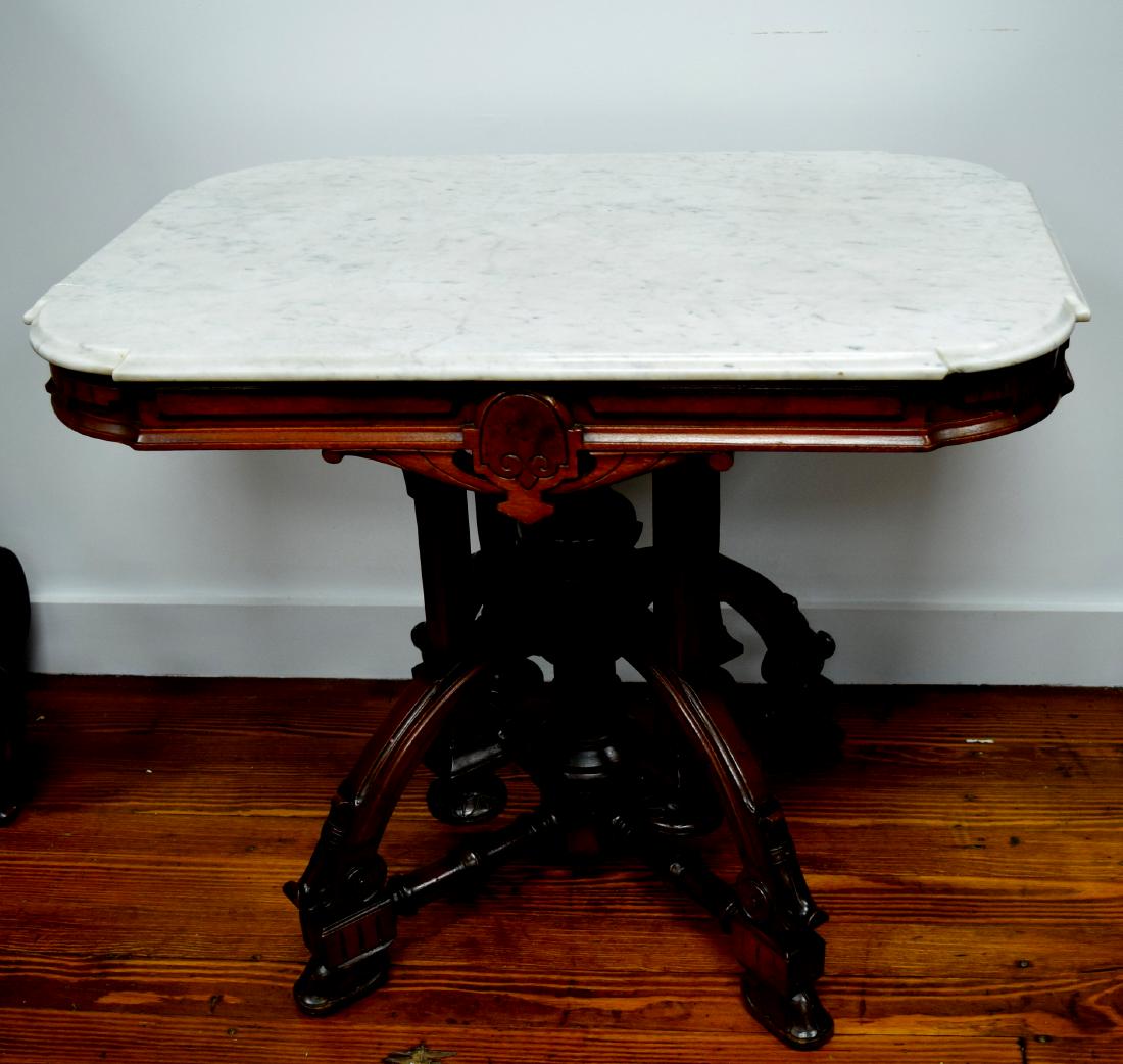 19TH C RENAISSANCE REVIVAL MARBLE TOP TABLE:: Rectangle marble top, burl walnut and walnut veneer, ornate base. Measures 54 inches wide x 24 inches