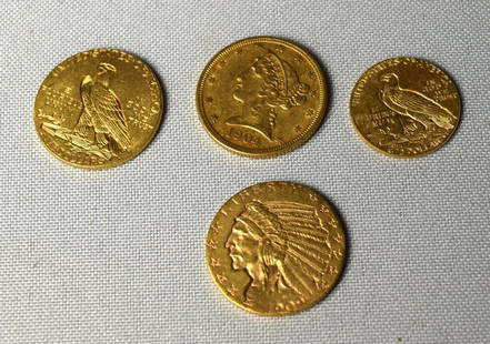 FOUR GOLD COINS:: Includes 1928 Indian Head 2 ½ gold coin, 1914 Indian Head Five Dollar gold coin, 1909 Indian Head Five Dollar gold coin and 1904 Liberty Head Five D gold coin