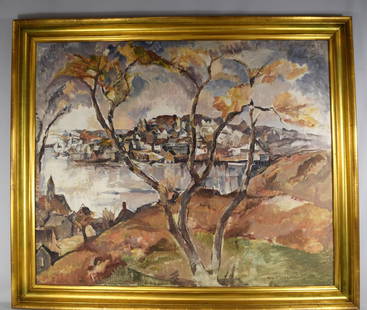 WILLIAM MEYEROWITZ OIL PAINTING ABSTRACT LANDSCAPE:: William Meyerowitz (NY and Massachusetts 1887-1981) is known for genre, marine, still life, figure. He was the husband of fellow renowned artist Teresa Bernstein. Oil on canvas seaside village. Signed