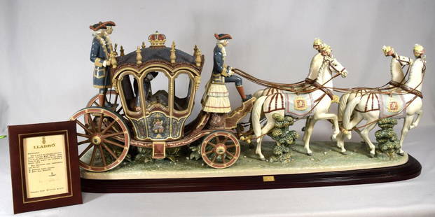 MONUMENTAL LLADRO SPANISH PORCELAIN FIGURAL GROUP HORSE: Sculptured by Francisco Catala. First issued in 1985. Carroza Siglo XVIII. Number 152 of Limited Series of 500 pieces. Four white decorated horses pulling an ornate regal carriage with man and woman p