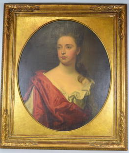 17TH C SOCIETY OIL ON CANVAS PORTRAITS OF AN: Brass plaque base of frame Sir Godfrey Kneller 1646-1723. Portrait of young woman with long brown hair and blue eyes with draped red robe over white ruffled blouse. Gilt oval mat. European stretcher m