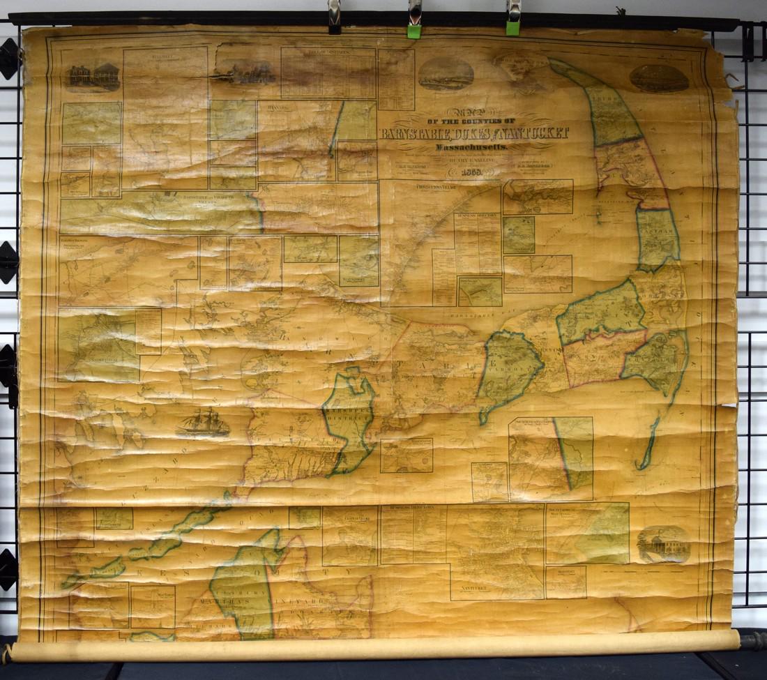 WALLING 1958 MAP TITLED BARNSTABLE, DUKES AND NANTUCKET: Based upon the trigometrical survey of the State, the details from actual surveys under the direction of Henry F. Walling. Engraved, colored and mounted by H.F. Walling, published by D.R. Smith & Co.