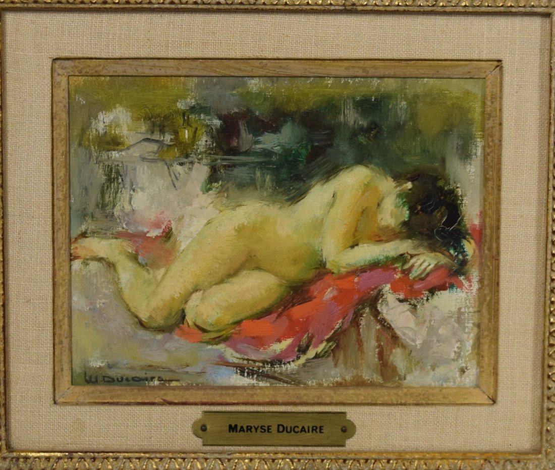 MARYSE DUCAIRE-ROGUE NUDE PAINTING:: Maryse Ducaire-Rogue (France 1911-1992). Oil on canvas reclining nude woman lying on a red blanket. Image 5 inches x 6 ½ inches. Signed lower left and brass plaque. Gallery framed. Included Brochure 