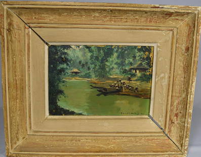 HENRI MEGE OIL ON BOARD PAINTING:: Henri Mege (France, Viet Nam 1904/09-1984). Scene of boats and several figures on river’s edge, huts in the backgro9und. Image 6 ½ inches x 9 inches. Measures overall 12 ½ inches x 15 inches. Sign