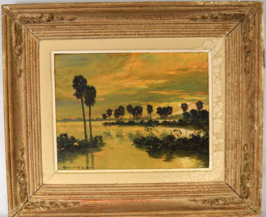 HENRI MEGE OIL ON BOARD PAINTING:: Ca 1952. Henri Mege (France, Viet Nam 1904/09-1984). Vietnamese or Cambodian coastal landscape at sunset. Signed lower left. Image 11 inches x 14 inches. Identified and artist signed on back and dated