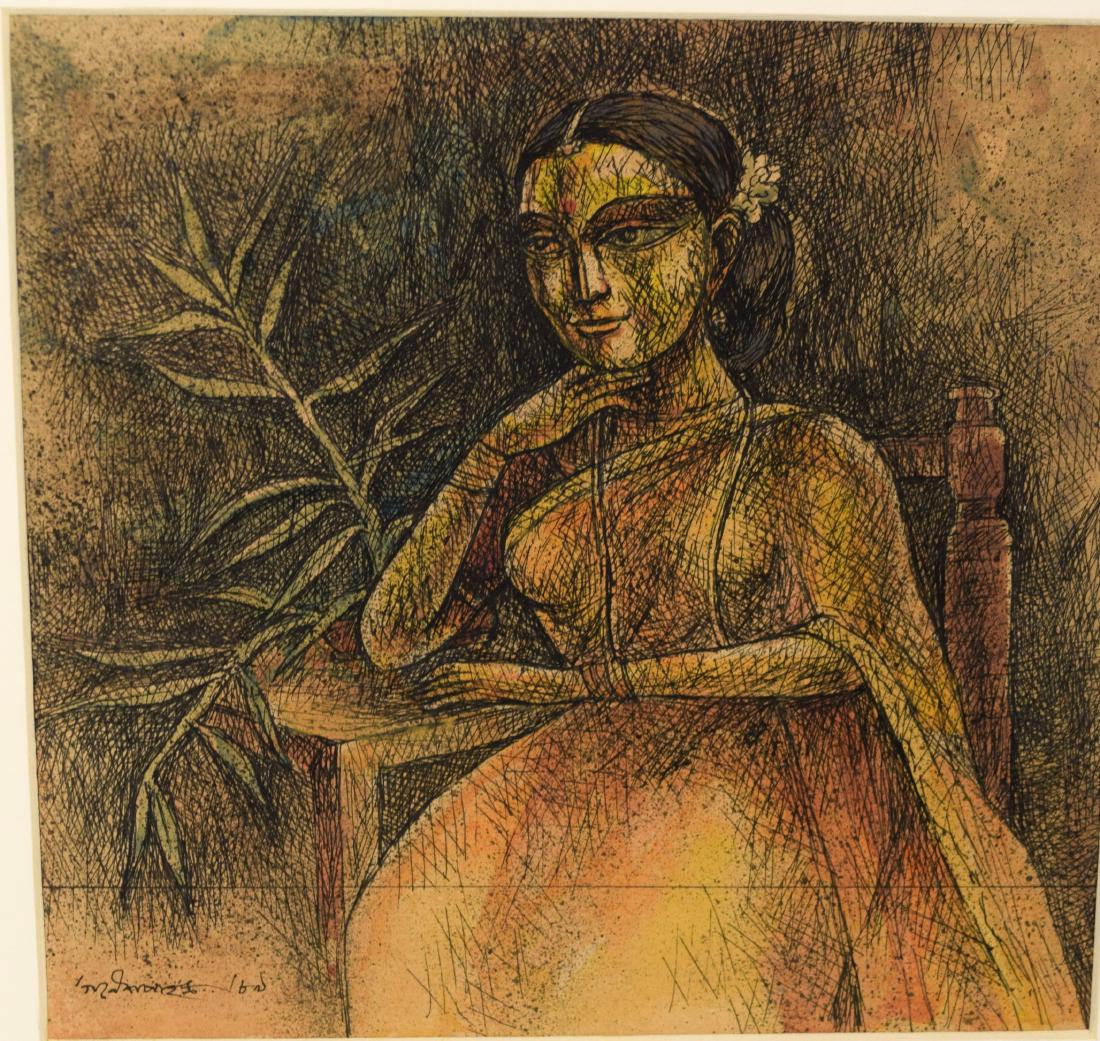 GANESH PYNE INDIAN ARTIST PAINTING:: Watercolor & ink on paper, ca 1989. Image of a seated young woman, 7½ inches x 7½ inches. Sighed lower left. Ganesh Pyne (born June 11, 1937, Kolkata India -died March 12th 2013, Kolkata, India) was