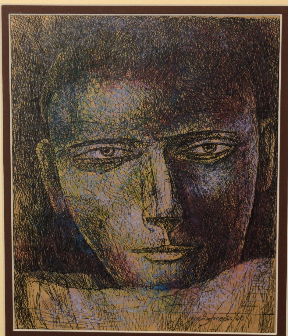GANESH PYNE INDIAN ARTIST PAINTING:: Pastel & ink on paper, ca 1990. Portrait of a young man, 6 ½ inches x 5 ½ inches. Sighed lower right. Ganesh Pyne (born June 11 1937, Kolkata India -died March 12th 2013, Kolkata, India) was one of
