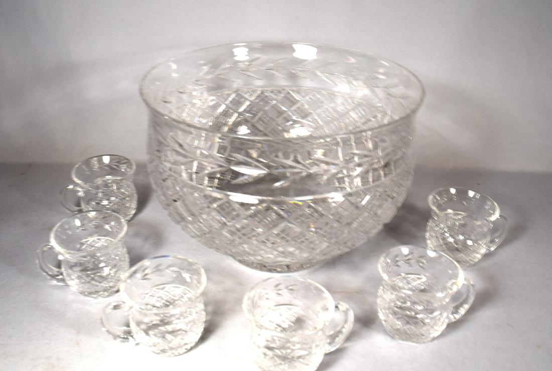 WATERFORD GLANDORE PATTERN CUT CRYSTAL PUNCH BOWL & SIX