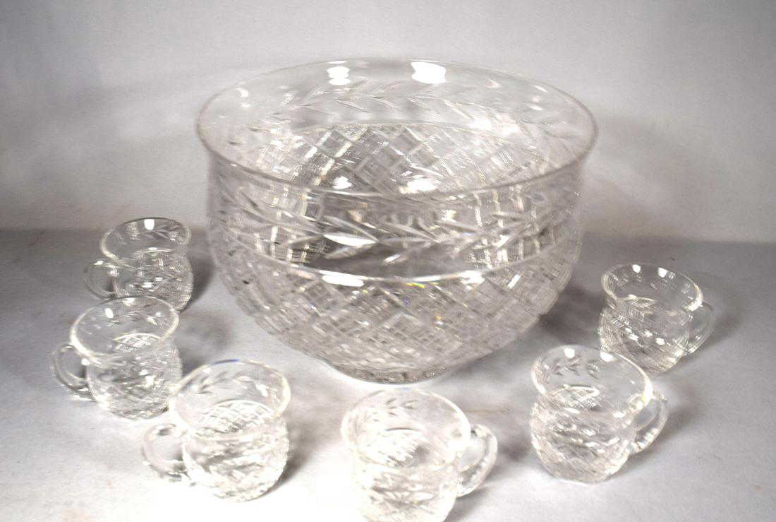 WATERFORD GLANDORE PATTERN CUT CRYSTAL PUNCH BOWL & SIX