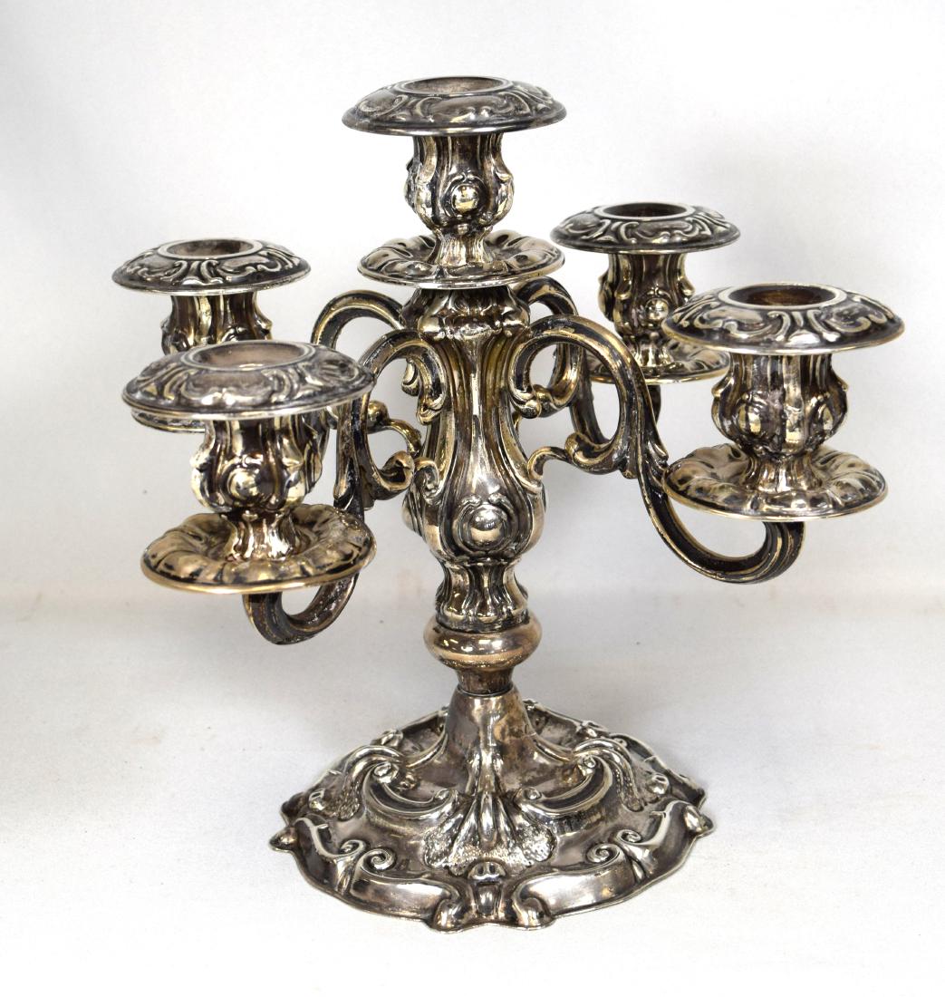 ANTIQUE PERUVIAN 925 SILVER 5-LIGHT CANDELABRA:: Ornate rococo design having four scroll motif arms flanking the center column. Weighted base stamped and hallmarked to bottom (INDUSTRIA PERUANA, .925. Measures 12 inches tall x 13 1/4 inches wide on