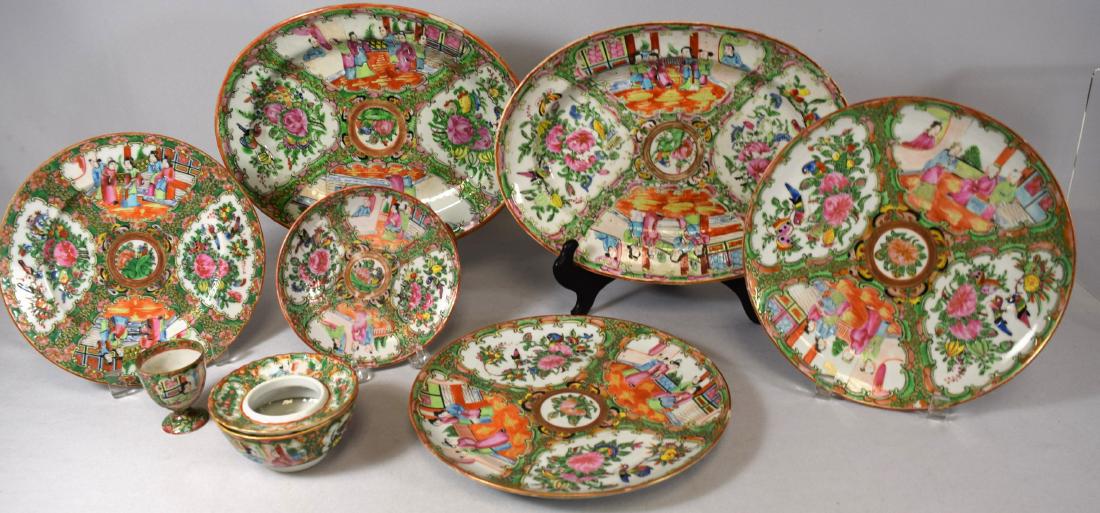 CHINESE ROSE MEDALLION PORCELAIN PART DINNER SERVICE:: 19th century. Consisting of two platters (one with repair chip on edge). 2 dinner plates, salad plate, bowl with cover and under plate, one egg cup.