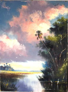 FLORIDA “HIGHWAYMEN” HAROLD NEWTON OIL ON BOARD:: (Florida 1934-1994). Florida river landscape with palm trees, egrets and pink sun-setting sky. Signed lower left H. Newton. Newton was one of the Florida African-American painters known as the