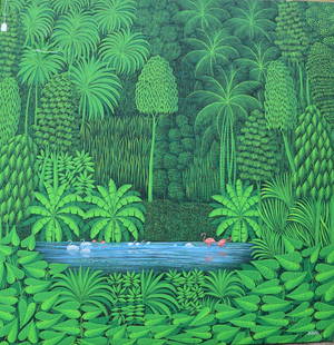 HENRI ROBERT BRESIL PAINTING:: Ca 1990. (Haiti 1952-1999). One of Haiti’s best artists. Very large colorful oil on canvas with palm trees and flamingoes. Title “Waterfall”. Signed lower right H.R. Bresil. Measures 70