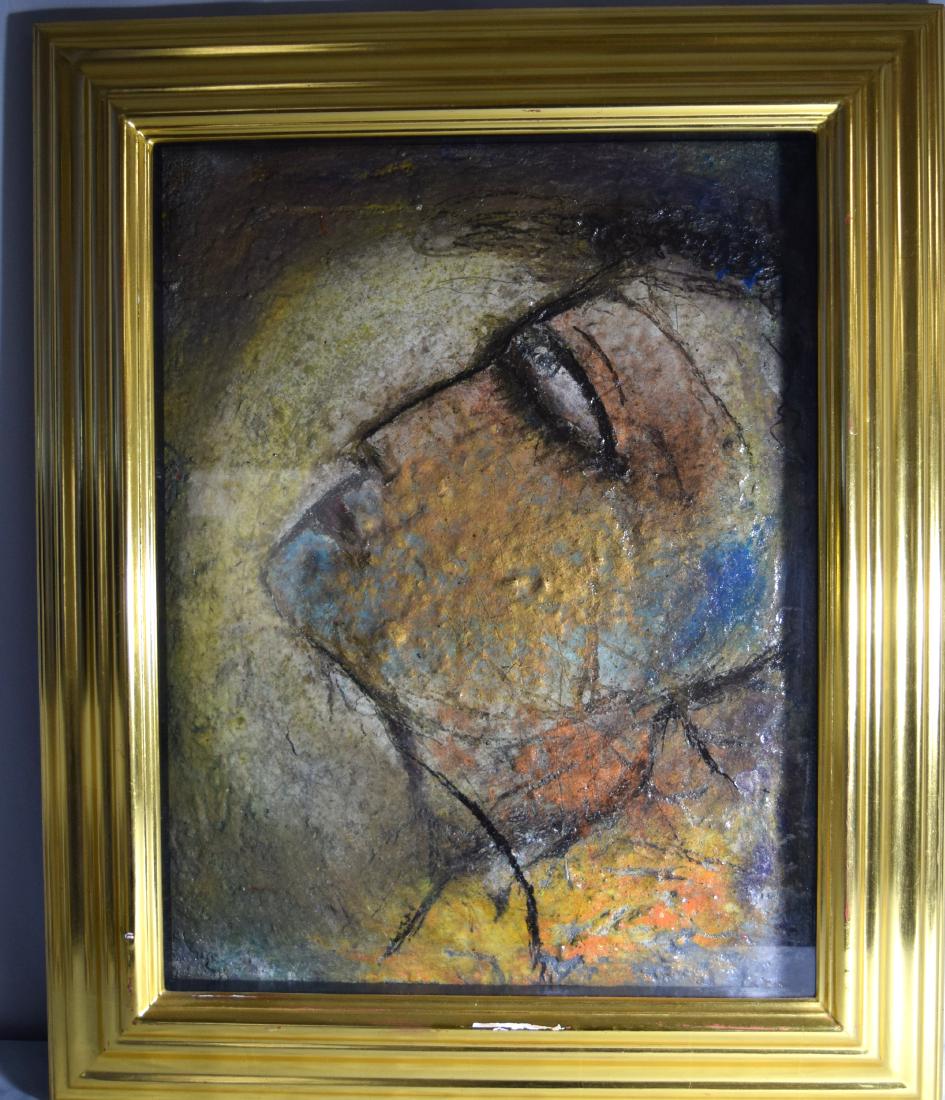 JAMALI ABSTRACT FACE PAINTING:: Ca 20th/21st century. Fresco Tempora multi colored image of a woman’s face painted ca 1991 during which time the artist painted with his feet. Born Aqdas Hussain Khan in Pakistan in 1944 is an Amer