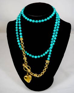 PERSIAN TURQUOISE BEAD, 18KT GOLD & DIAMOND & GEMSTONE: Measures approximately 54 inches overall including gold chain and pendant. Consists of 138 hand tied turquoise beads with 18kt yellow chain with toggle and ring clasp with detachable signed heart pend