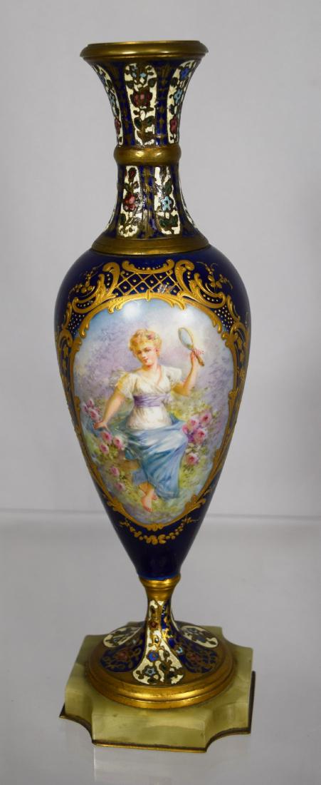 FRENCH SERVES PORCELAIN & CHAMPLEVE TYPE VASE: (1 of 5)