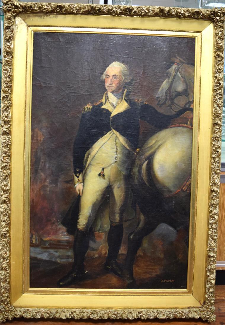AFTER GILBERT STUART GEORGE WASHINGTON OVERLOOKING: : Ca 1940s-1950s. Oil on canvas. Signed D. Papkin (law student at Harvard 1950’s). Image 54 inches x 34 inches. Gold gilt 19th century frame. Back of canvas stamped.