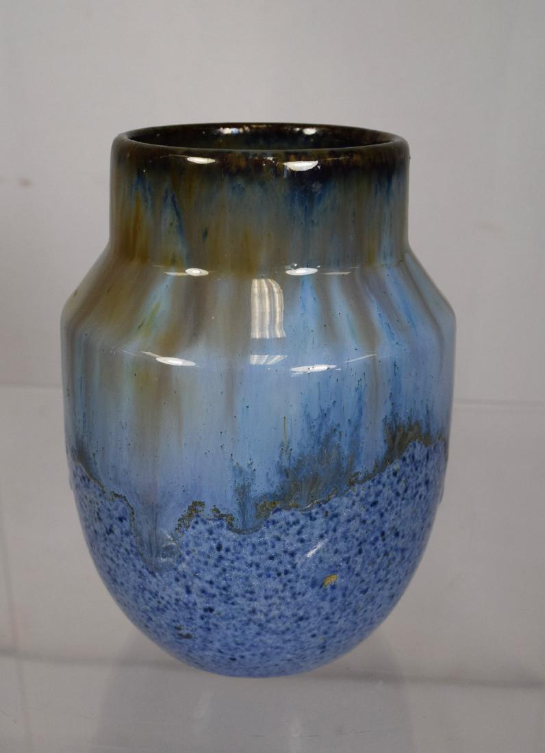 FULPER ART POTTERY VASE:: Squat rectangular ink mark 1910-1917. Measures 4 ½ inches x 3 inches diameter. Blues/tans Flambe into speckled matte blue glaze.