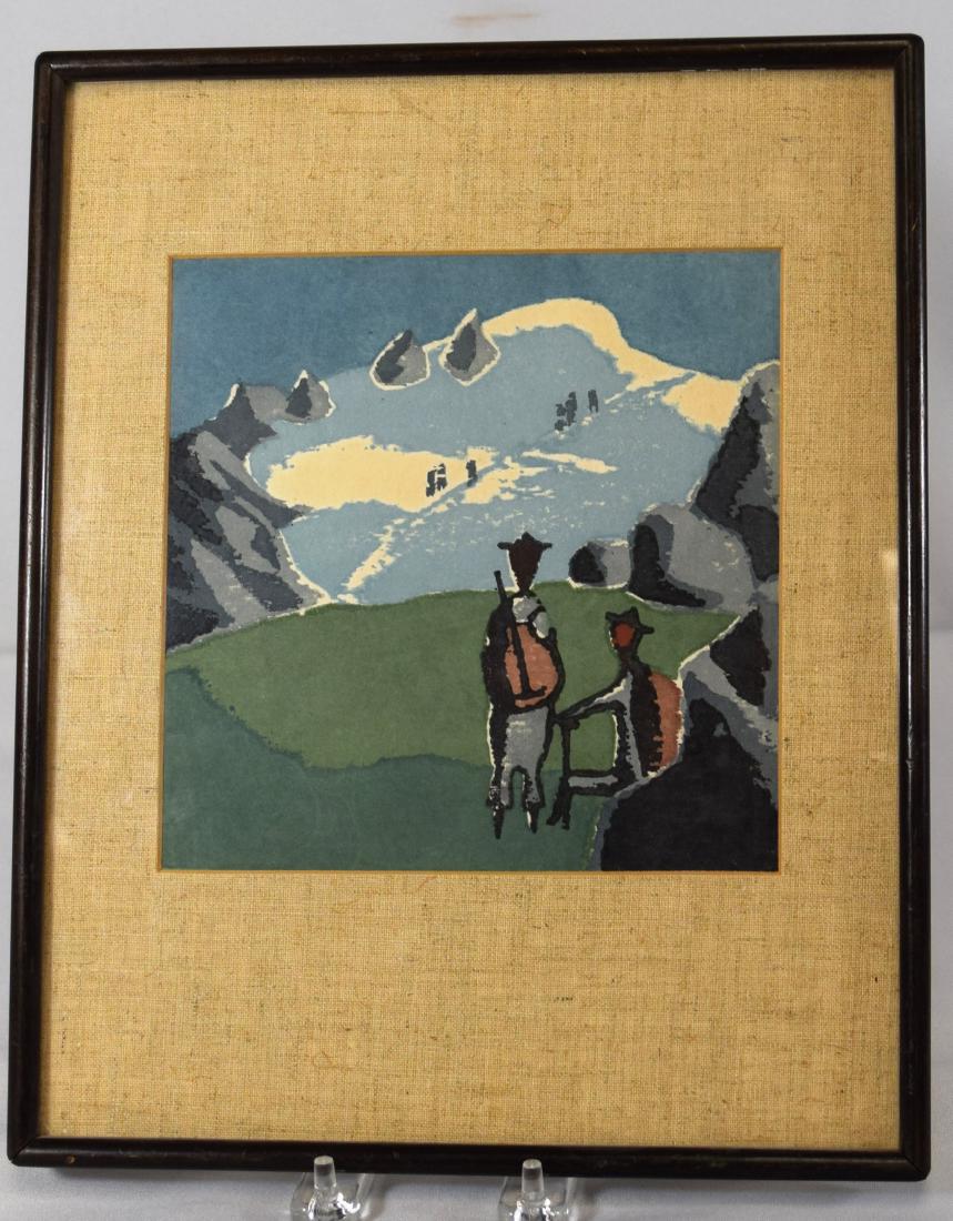 JAPANESE WOODBLOCK PRINT by UMETARO AZECHI:: (Japan 1902-1999), known for Painting, print making. Japan Alps with Mountain climbers. Azechi endured years of failure and impoverishment before winning recognition for his print making. He develop