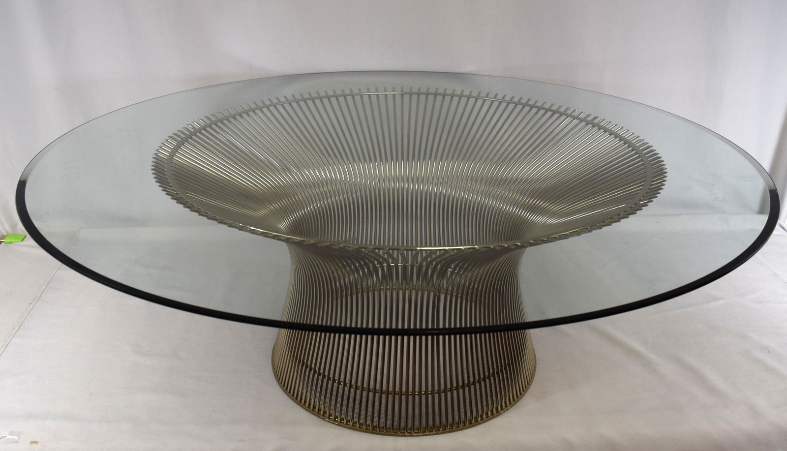WARREN PLATNER MID CENTURY GLASS TOP COFFEE TABLE:: Ca 1965 for Knoll International. Chrome plated steal spoke base. Beveled glass top. Measures 42 inches in diameter x 15 inches tall.