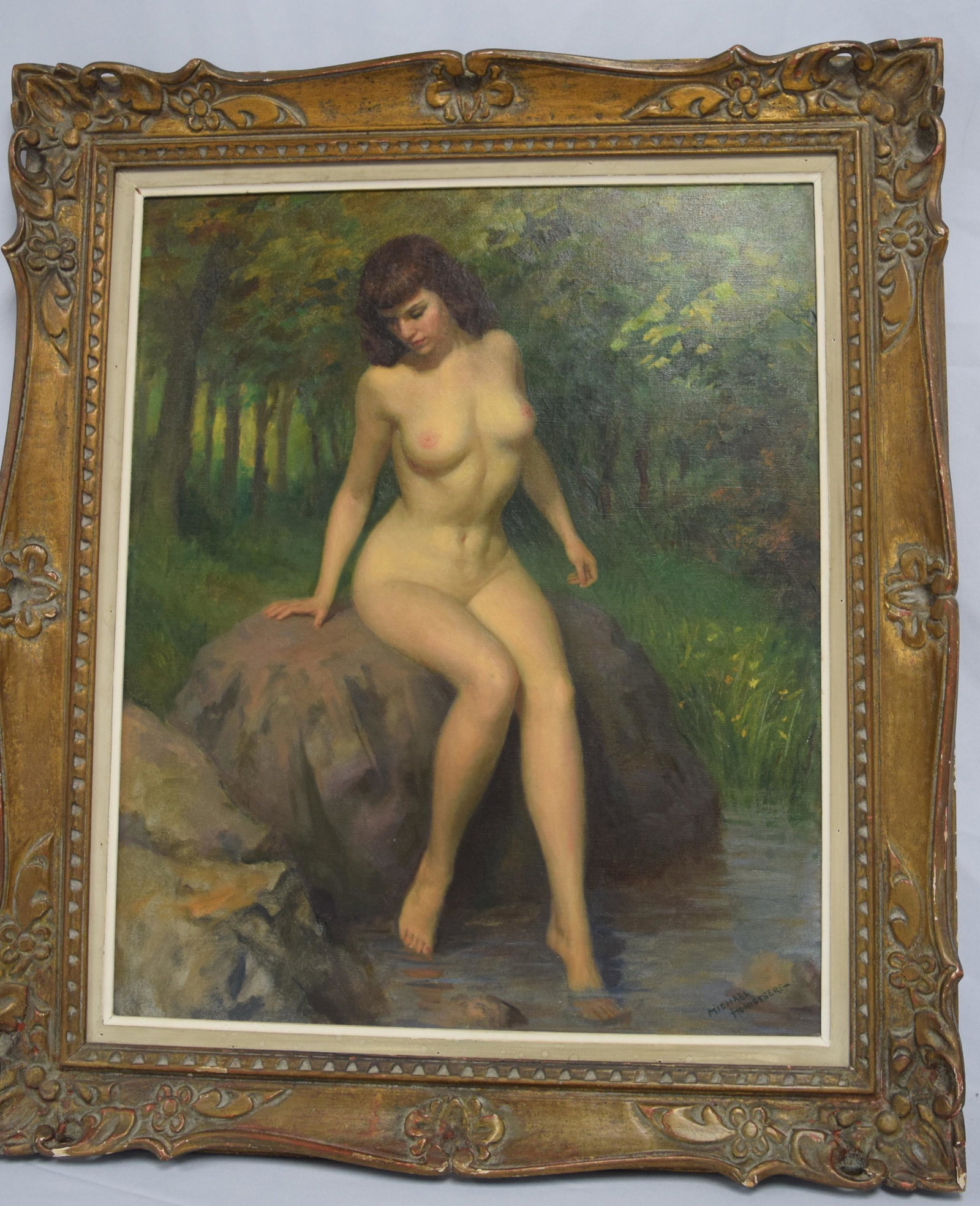 MICHAEL HONIGSBERG NUDE OIL PAINTING:: Michael Honigsberg (American 20th century). Oil on canvas, signed lower right. Image 24 inches x 22 inches. Good condition. (Inventory 28-11).