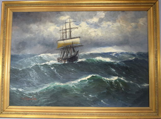 Alfred Jensen Oil Painting Three Masted Ship In Stormy Oct 20