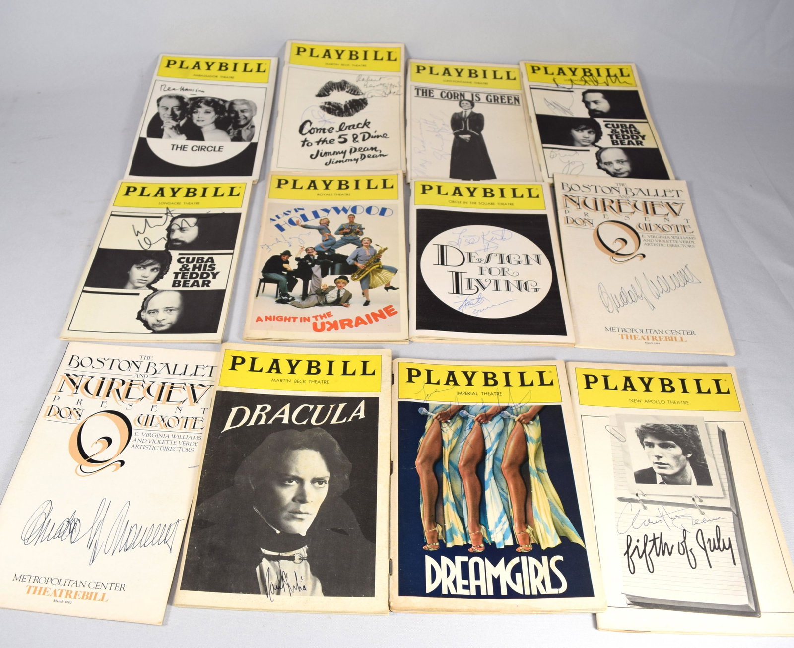 TWELVE “C” “D” & “F” AUTOGRAPH THEATER PLAYBILLS:: Ca 1970s & 1980s. 1) The Circle, Rex Harrison. 2) Come back to the 5 and Dime Jimmy Dean, Cher, Karen Black. 3) The Corn is green, Elizabeth Seal, Marge Redmood. Cuba & his teddy bear, Robert DeNiro, 