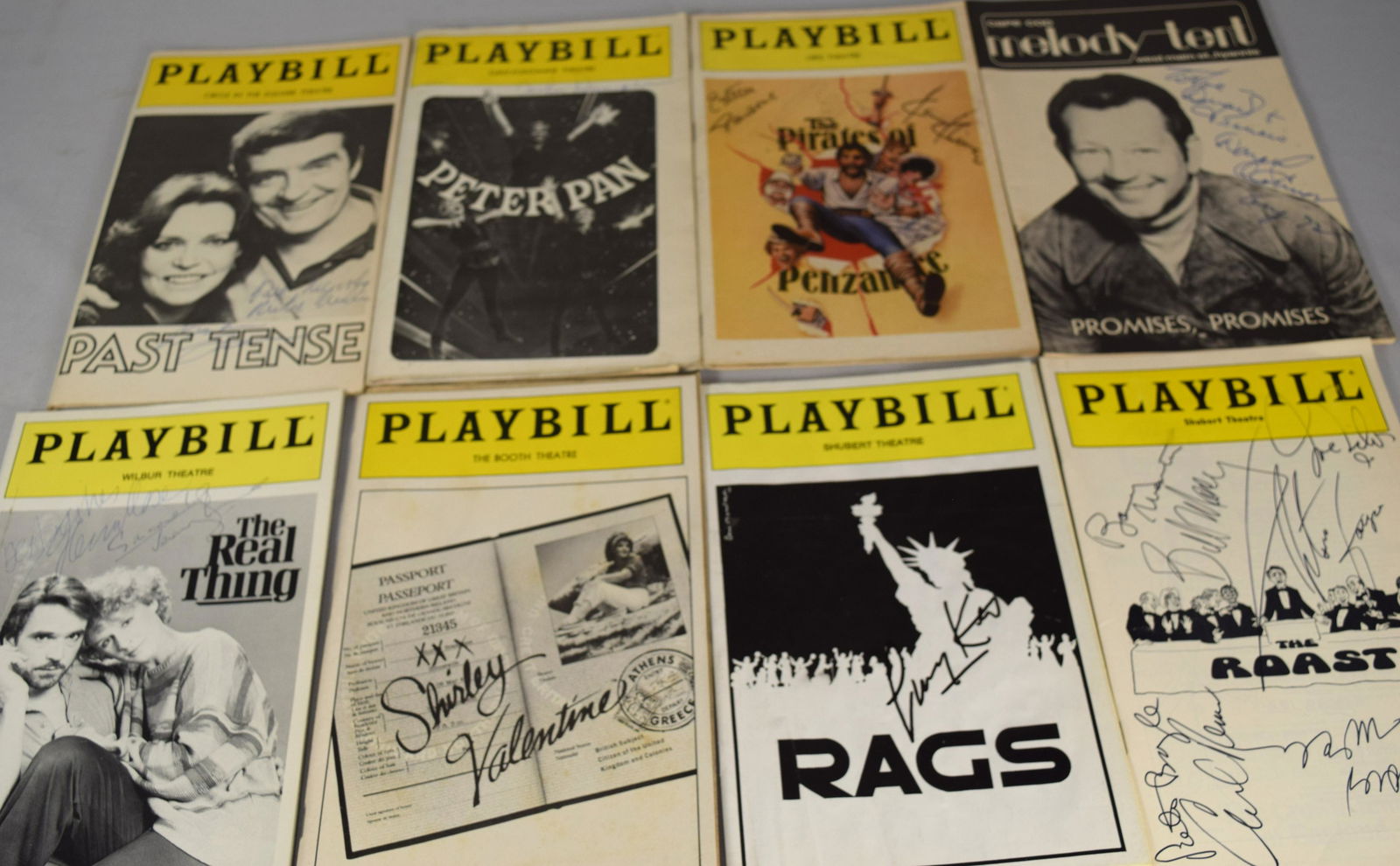 17 “P” “S” AUTOGRAPH THEATER PLAYBILLS:: Ca 1970s & 1980s & modern. 1) Past Tense, Barbara Feldon, Michael Miller. 2) Peter Pan, Sandy Duncan. 3) Pirates of Penzance, Kevin Kline, Linda Ronstadt, Estaelle Parsons, Rex Smith. 4) Promises, Pro