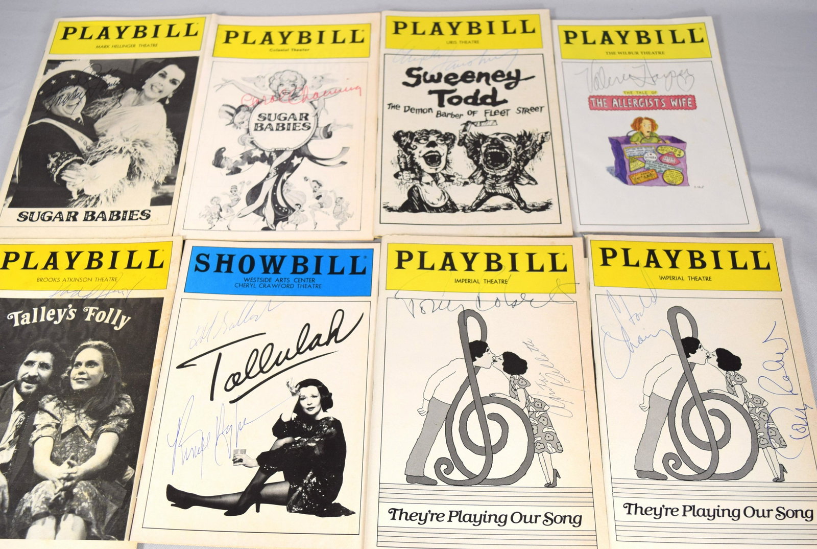 AUTOGRAPH THEATER PLAYBILLS:: Ca 1970s & 1980s & modern. 1) Sugar Babies, Mickey Rooney. 2) Sugar Babies, Carol Channing. 3) Sweeney Todd, Angela Lansbury. 4) The Allergist’s Wife, Valarie Harper. Talley’s Folly, Judd Hirsch. 