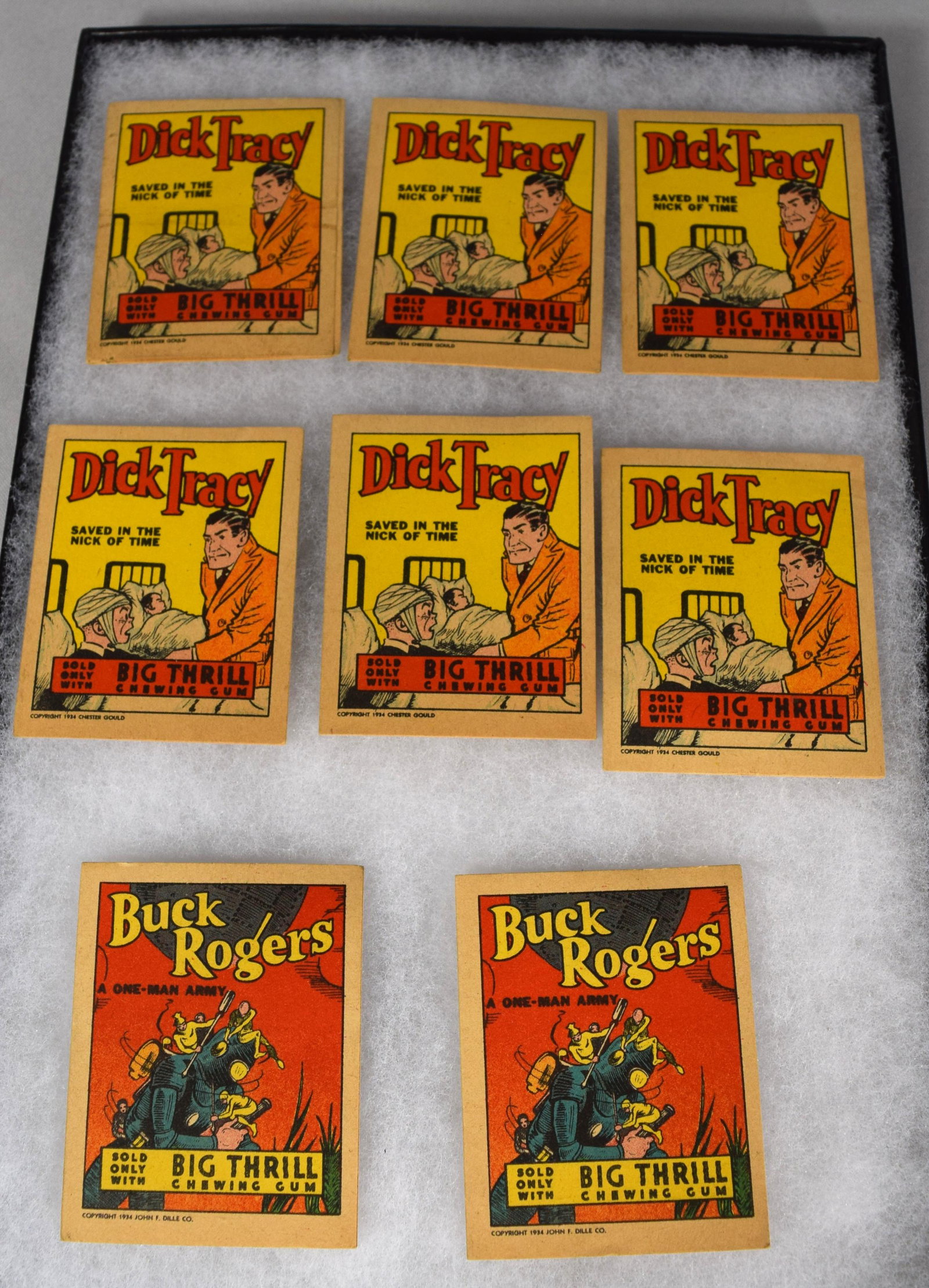 DICK TRACY & BUCK ROGERS MINIATURE BIG THRILL CHEWING: Ca 1934. 8 pieces. 1) Six Number #1 Goudey Gum 1934 Dick Tracy. (Five of the six in very good condition). 2) Two #2 Goudey Gum Buck Rogers.