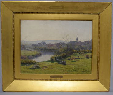 JEAN FERDINAND MONCHABLON LANDSCAPE:: Jean Ferdinand Monchablon (French 1855-1904). Oil on canvas. Very detailed with cows grazing by a winding river with French village and skyline with church steeple. Colors of filter sunshine. Figure o