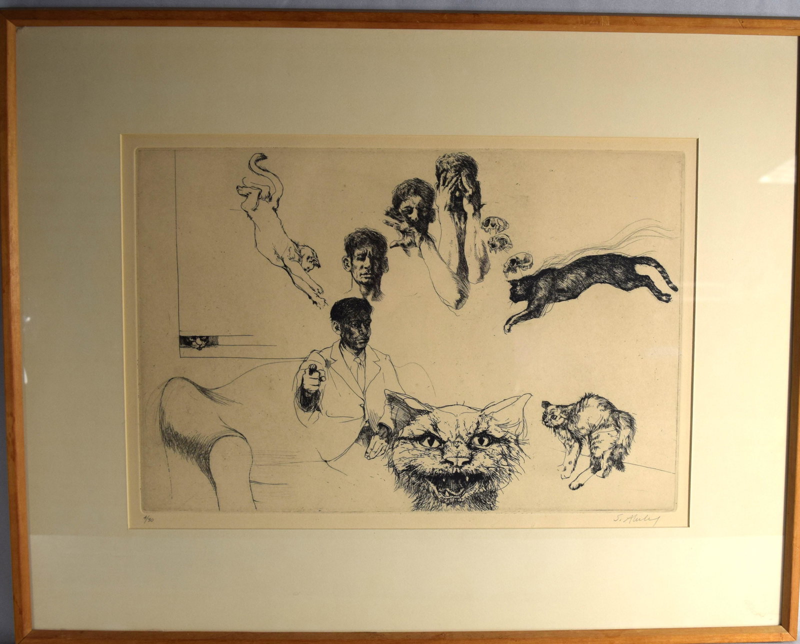 SIGMUND ABELES SELF-PORTRAITS WITH CATS ABSTRACT: Framed etching. Image 12 inches x 18 inches. Signed. American listed artist. Born 1934. Edition 4/30.
