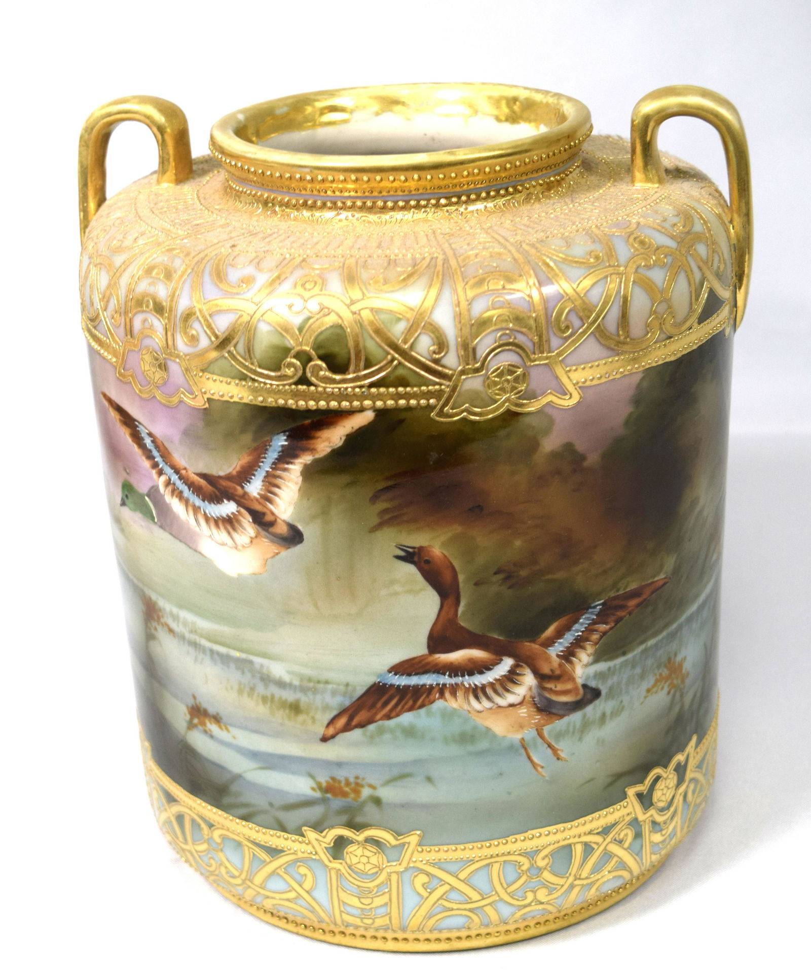 LARGE HAND PAINTED NIPPON SCENIC VASE WITH FLYING (1 of 5)