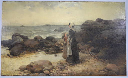 EDWARD PERCY MORAN OIL MARINE PAINTING:: Edward Percy Moran, American (1862-1935). Oil on canvas laid down on Masonite. Unframed. Pilgrim mother and child on rocky shore. Signed Lower Right. Image 18 inches x 30 inches.