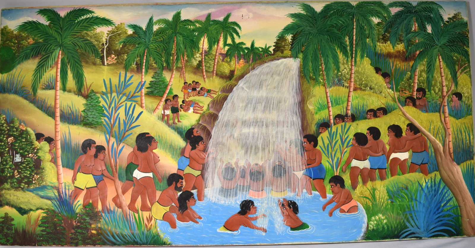 ATTRIBUTED JACQUES-RICHARD CHERY OIL ON CANVAS:: Jacques-Richard Chery (Haiti, Born 1928/29). Haitian natives bathing in a waterfall. Several figures in landscape with palm trees, foliage and waterfall pool. Measures 24 inches x 48 inches. Unsigned.