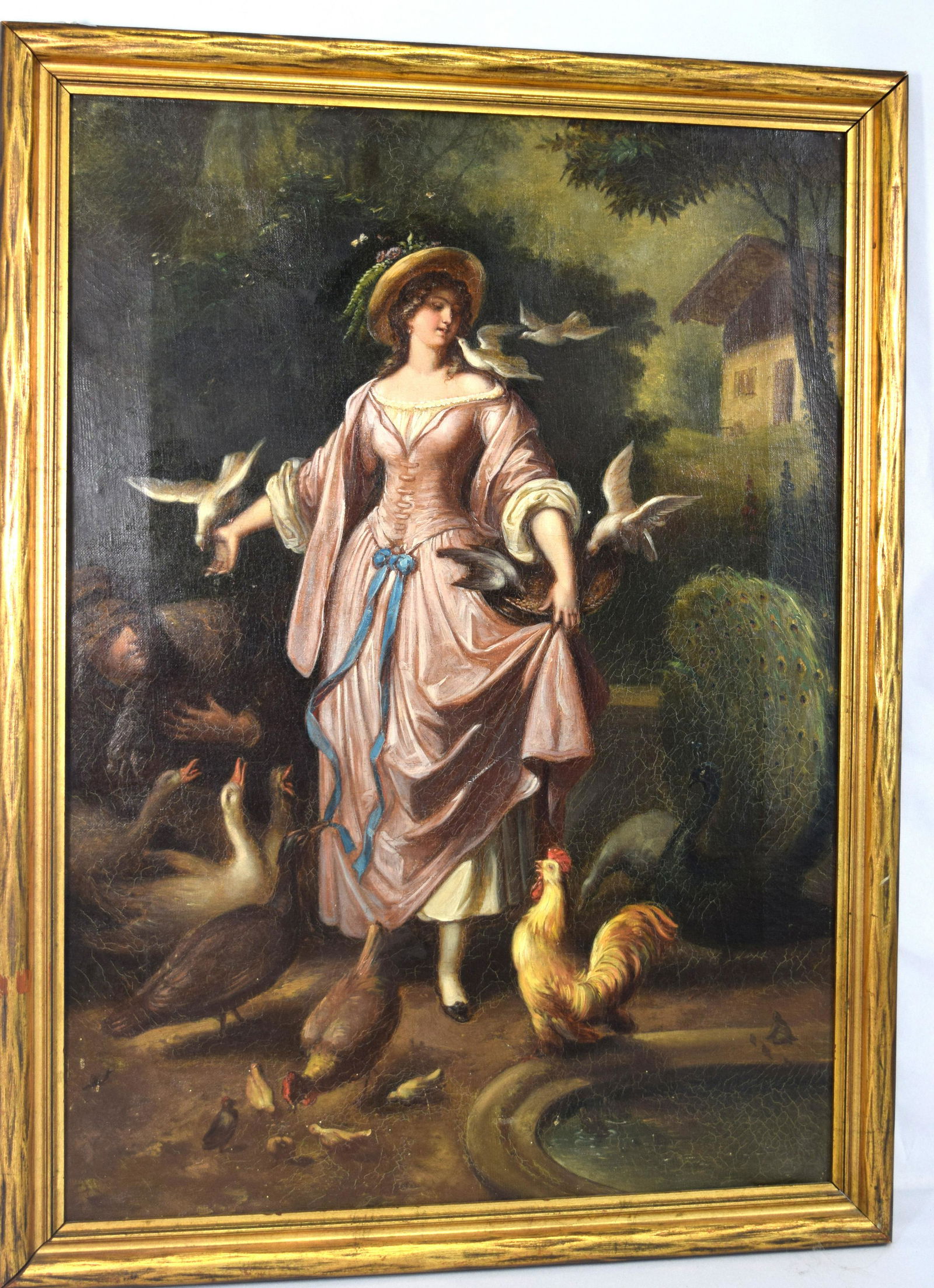19TH C EUROPEAN MAIDEN & ANIMALS FRAMED OIL PAINTING: (1 of 5)