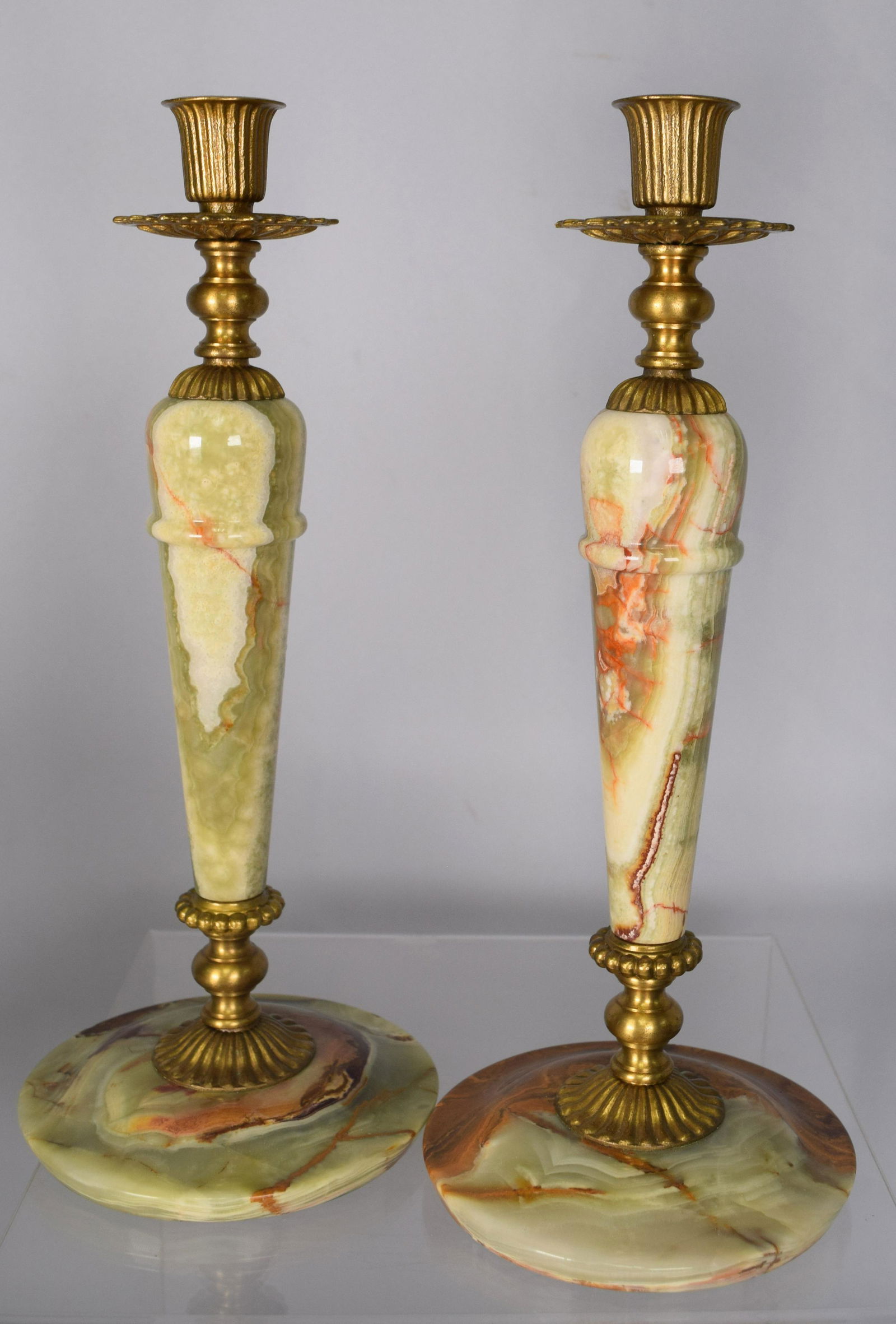 PAIR OF GREEN ONYX & GILDED BRONZE CANDLESTICKS: (1 of 2)