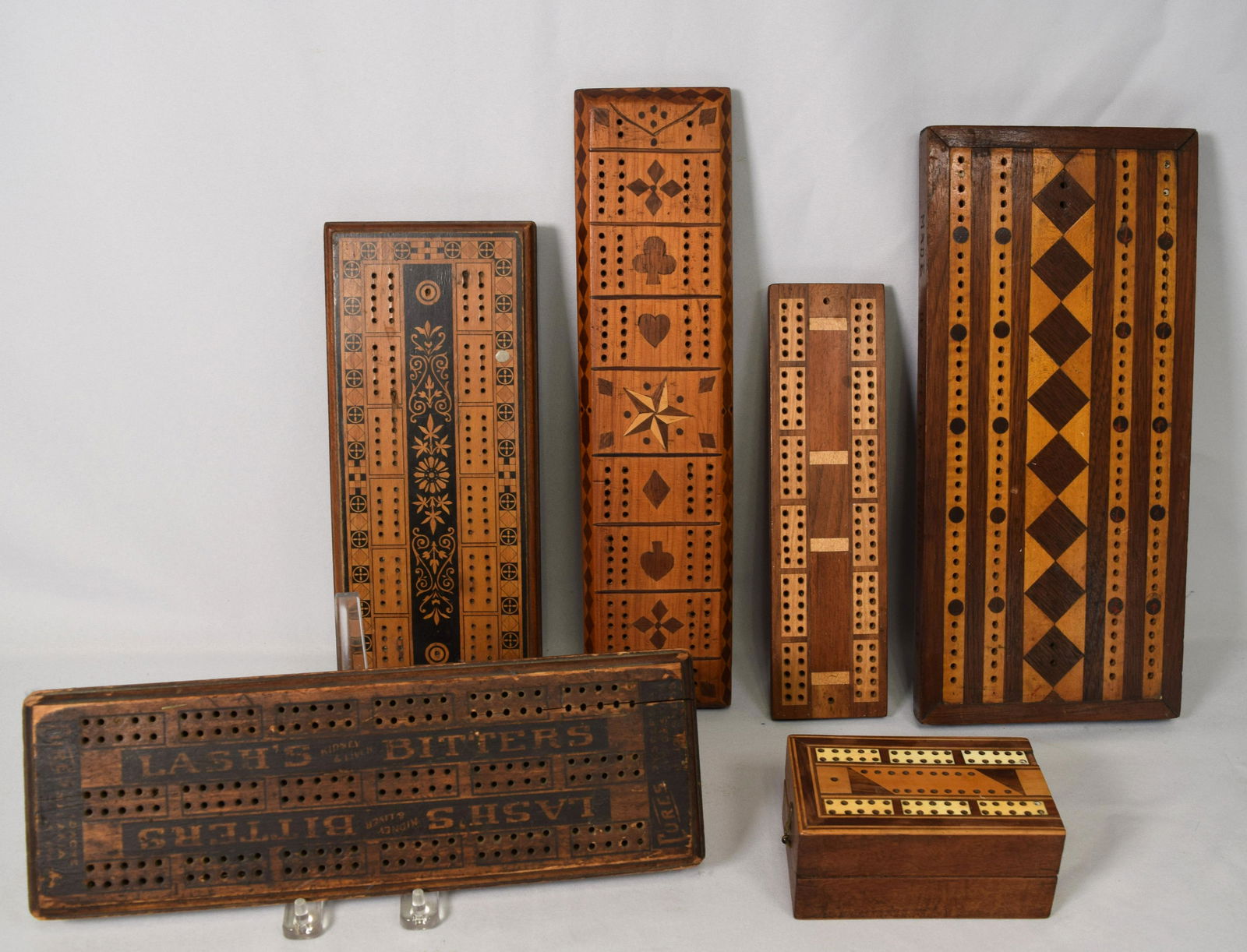 SIX FOLK ART INLAID CRIBBAGE BOARDS: (1 of 7)
