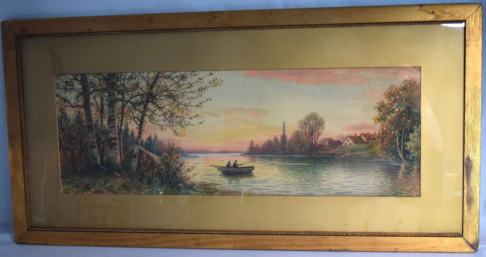 WILLIAM PASKELL WATERCOLOR PAINTING:: Watercolor on paper painting scene figures fishing in rowboat at sunset. Signed lower left William Paskell. William Frederick Paskell (English/American 1866 - 1951). Image 10 inches x 29 inches. Gold