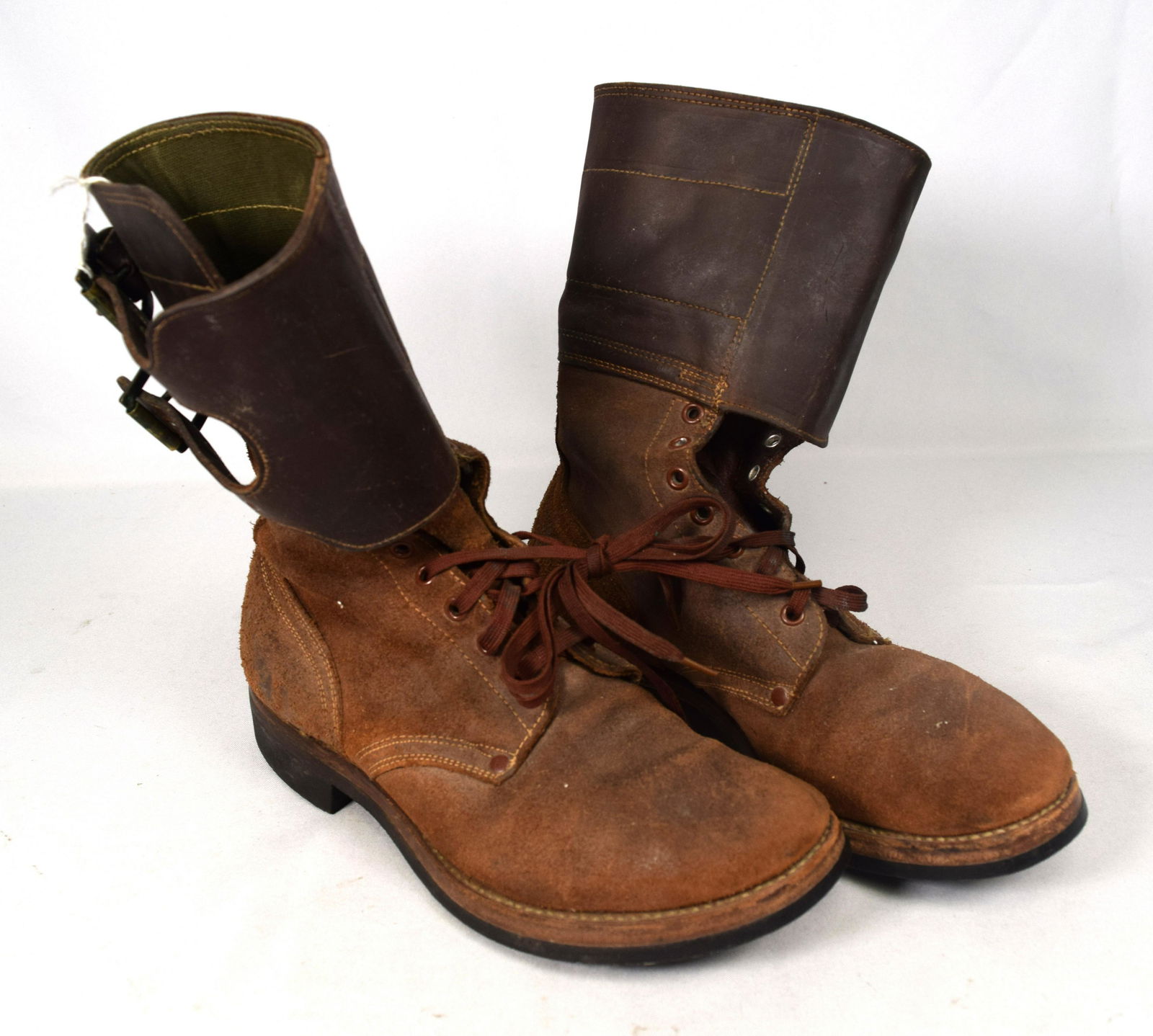 WWII MEN’S DOUBLE BUCKLE SUEDE BROWN LEATHER BOOTS: (1 of 1)