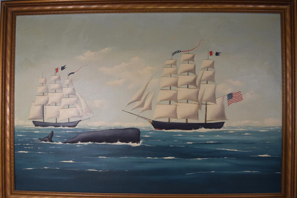 MIRIAM ERICKSON WILHARM OIL PAINTING:: Ca 1985. Miriam Erickson. Folk art oil painting on canvas. Image 24 inches x 36 inches weight 5 pound overall size with frame 40 inches x 28 inches. Two ships in fullsail with American flags. Large wh