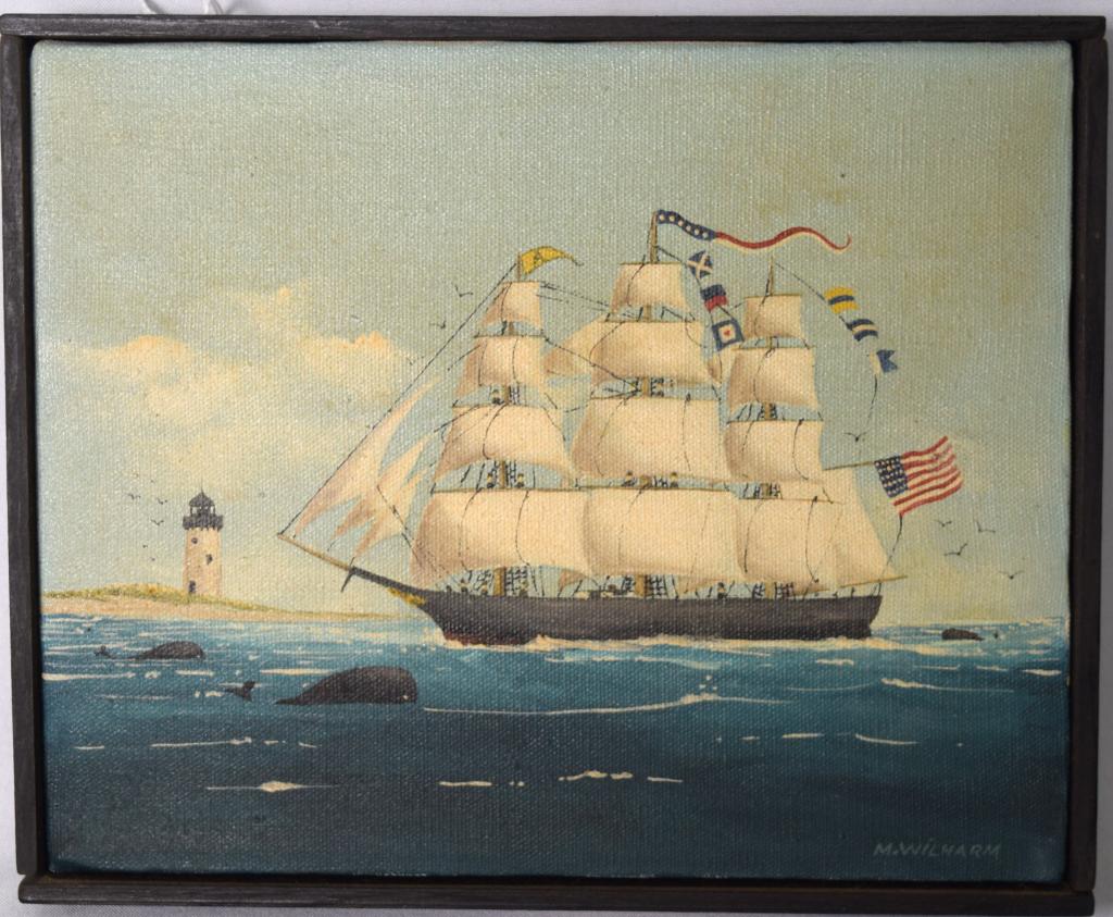 MIRIAM ERICKSON WILHARM OIL PAINTING:: Ca 1984. Oil on canvas. Image 8 x 10. Tall ship full sail with lighthouse and three whales. Signed lower right M Wilharm. Marked on back Miriam Erickson Wilharm 1984 squarerigger A. Original frame. Go