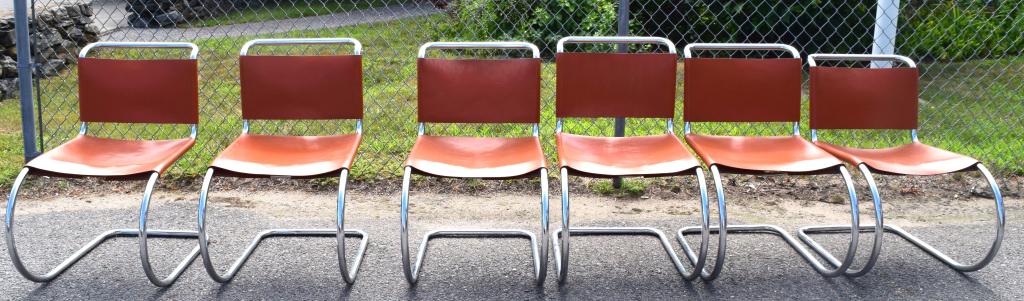 SIX MIES VAN DER ROHE STYLE DESIGN CHAIRS:: Mid Century Ludwig Mies van der Rohe (German 188601969) MR style chairs, for Knoll. Originally designed in 1927. . Chrome and leatther side chairs. Chrome frames, orange leather sling back upholstered