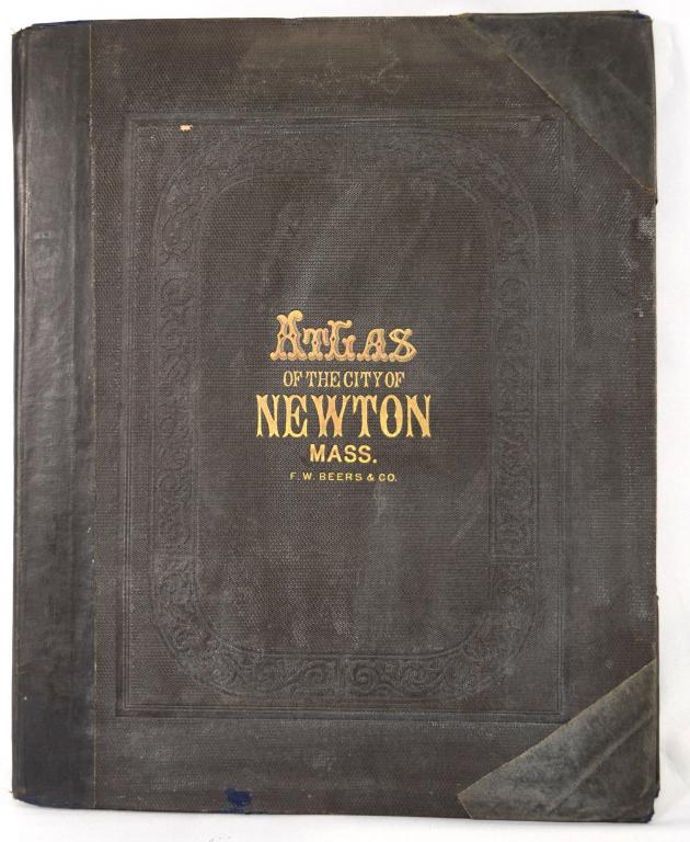 1874 BEERS ATLAS NEWTON MASS:: 1874 1ST EDITION F. W. BEERS ATLAS OF CITY NEWTON MASSACHUSETTS: Consisting of 29 hand colored plates. Measures 18 inches x 15 inches. Leather cover. Some wear, foxing, old rebound, stains.