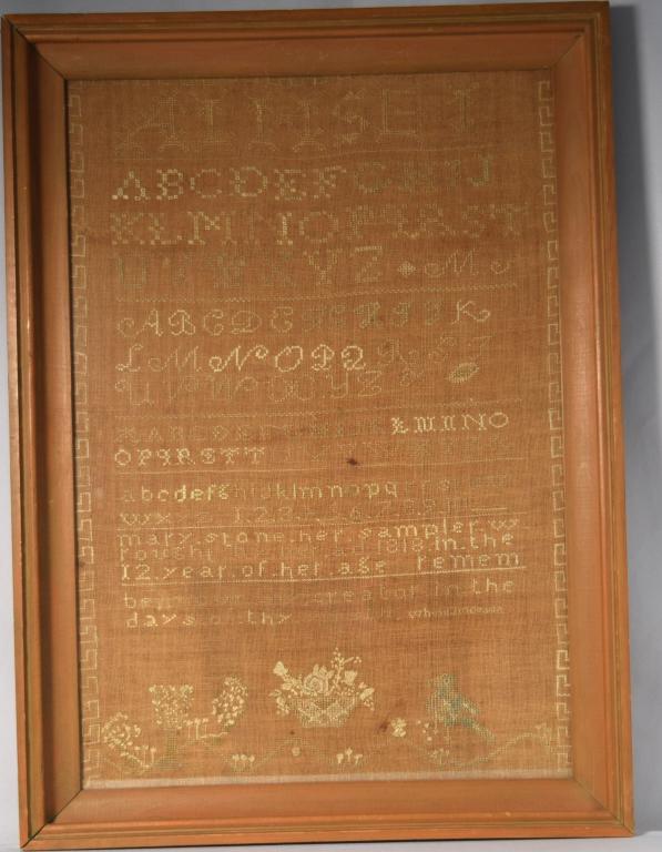 1818 GRAFTON, MASSACHUSETTS SAMPLER:: Made by Mary Stone, aged twelve, dated 1818. A Greek Key border on three sides enclosing three alphabets in various sizes and scripts. Inscription: Mary Stone her sampler wroughtby her in the 12 year 