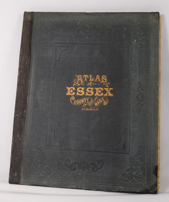 1872 BEERS ATLAS ESSEX COUNTY MASS: 1872 1ST EDITION F. W. BEERS ATLAS OF ESSEX COUNTY MASSACHUSETTS: Consisting of 58 hand colored plates. Measures 17 inches x 14 inches. Leather cover. Some wear, foxing, old rebound, stains.