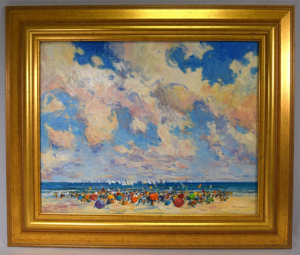 ROGER BARRON OIL PAINTING:: Oil on canvas. Rockport, Maine. Colorful crowded beach, sail boats and fluffy clouds. Titled on back "Windswept Day". Signed lower right BARRON. Roger Barron (1938 - 2017) was active/lived in Massachu