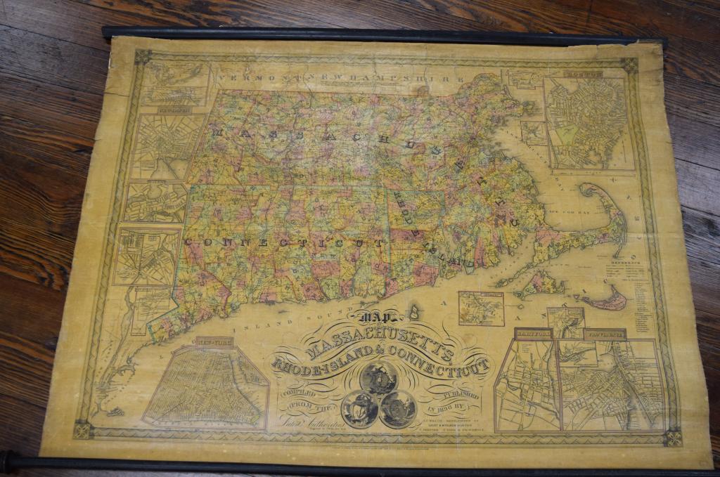 1836 SOUTHERN MASSACHUSETTS WALL MAP By WILCOX:: Map of Massachusetts, Rhode Island and Connecticut published by A.F. Wilcox Middletown, CT, Light & Stearns Boston and C. Shepard New York and Providence and is dated 1836. Engraved by J. Wells New Yo